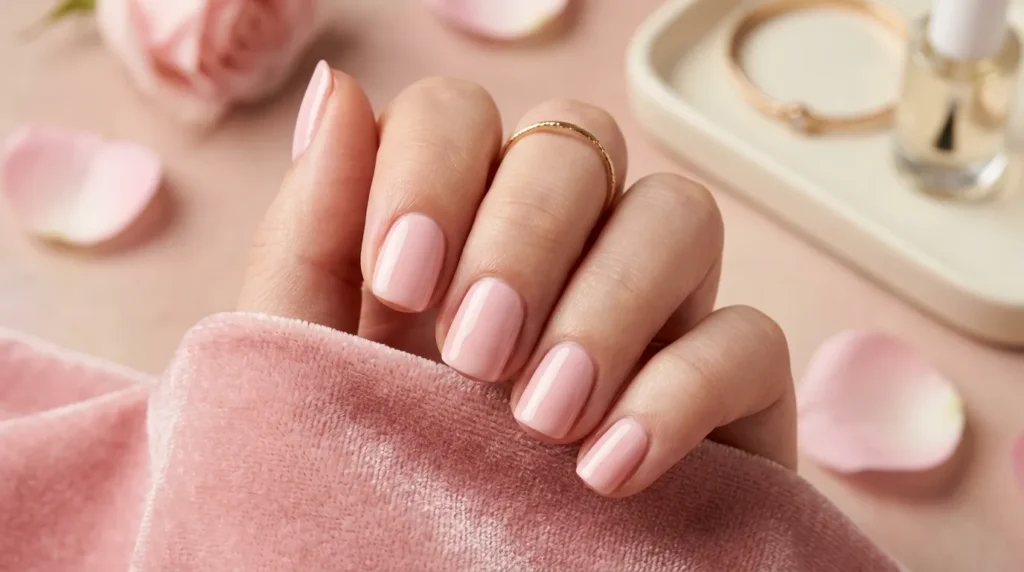 Glossy baby pink nails with elegant almond shape