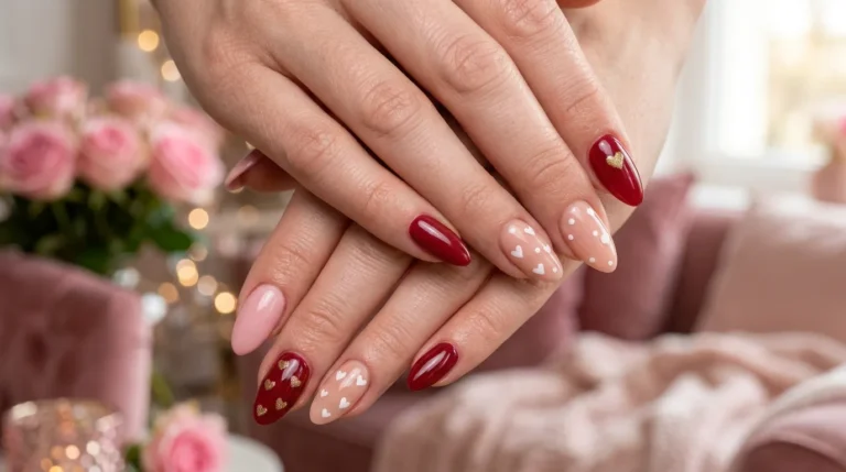 Elegant Valentine Nails on crossed feminine hands with glossy romantic heart nail art.