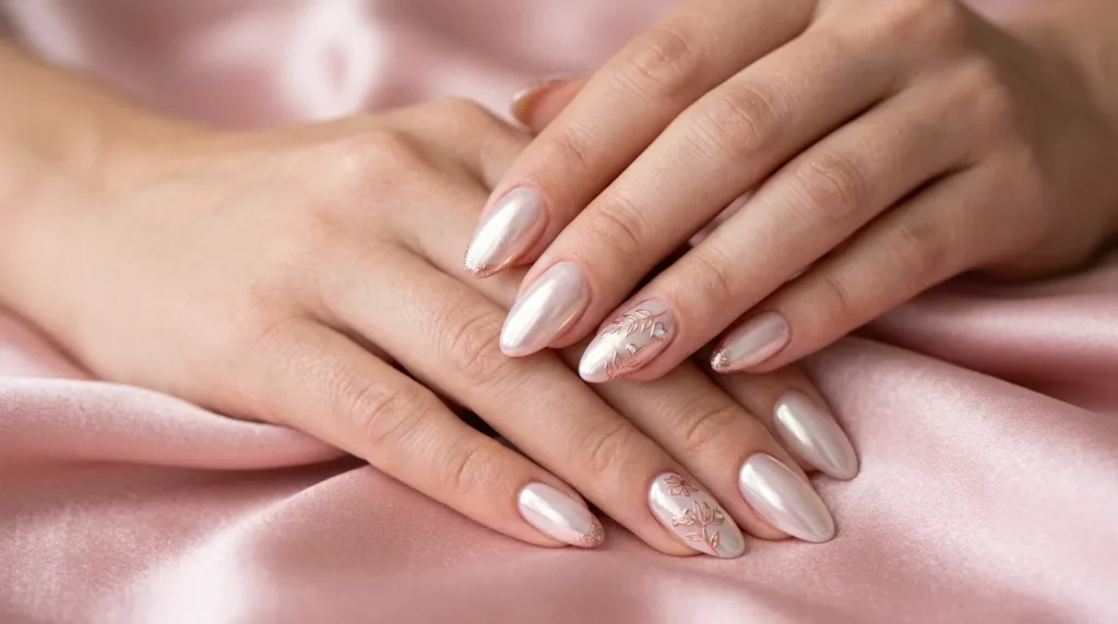 Chrome Love Theme Valentine Nails on elegant feminine hands.