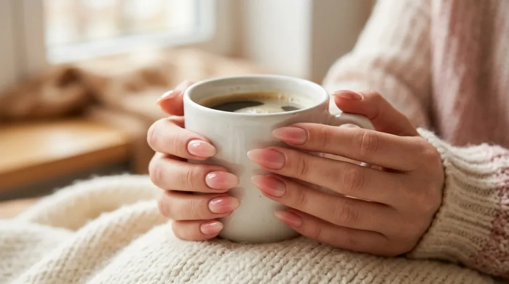 Ombre Romantic Nail Designs on feminine hands with glossy Valentine Nails.