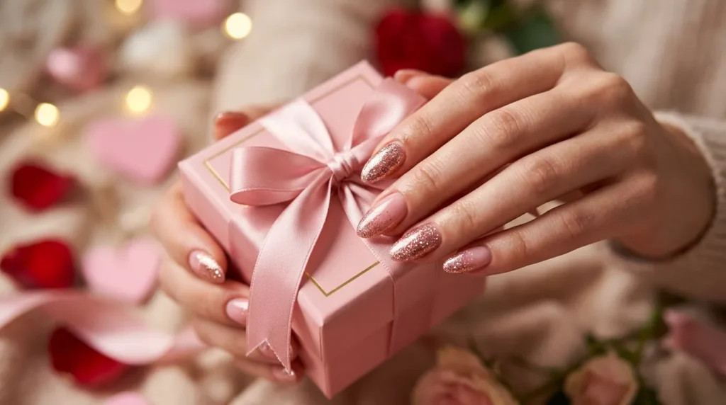 Glitter Valentine Nails on feminine hands holding a pink gift box.