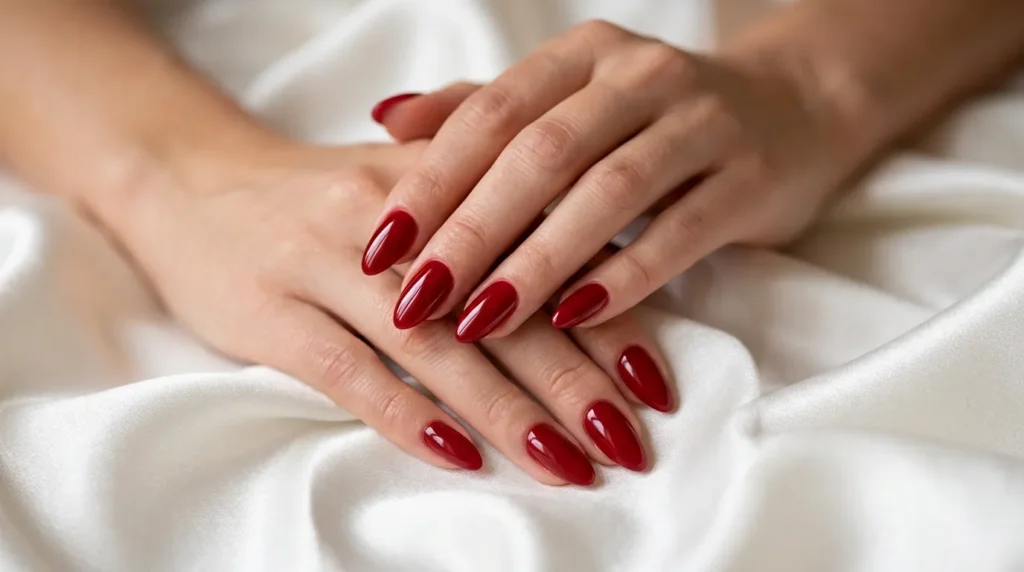 Classic red Valentine Nails on elegant feminine hands with glossy manicure.