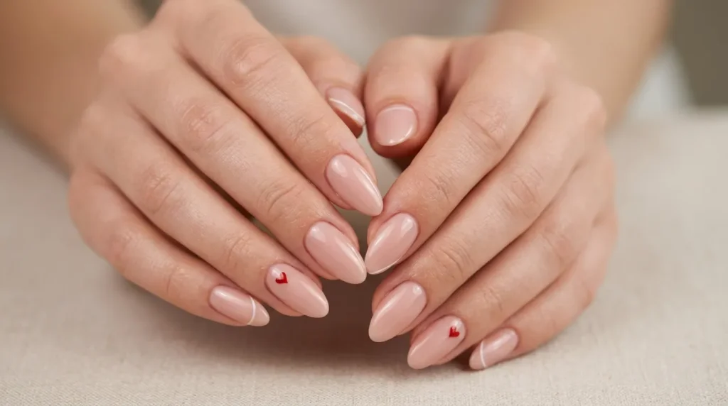 Minimalist Valentine's Day Nail Art on elegant feminine hands with glossy nude pink nails.