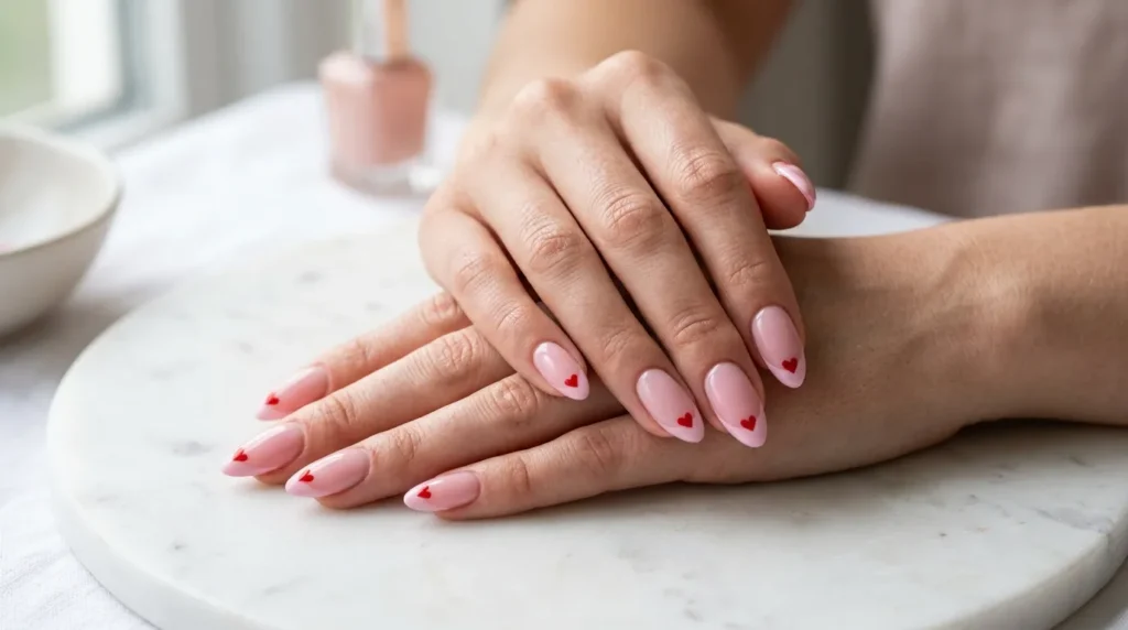 French Tip Love Inspired Valentine Nails on elegant feminine hands.