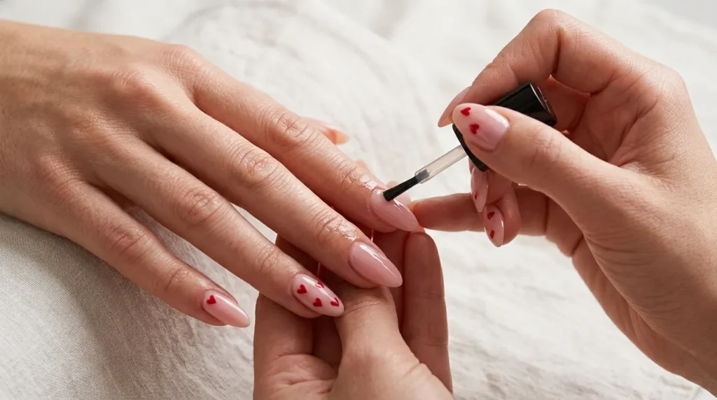 Applying cuticle oil to maintain a glossy romantic manicure
