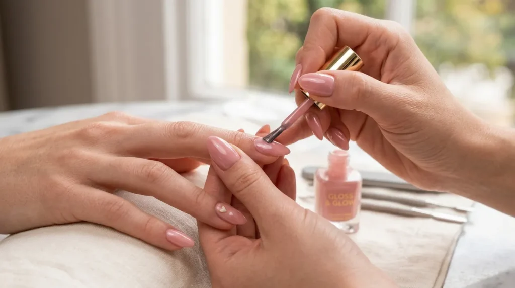 Applying blush pink nail polish for a romantic nail design