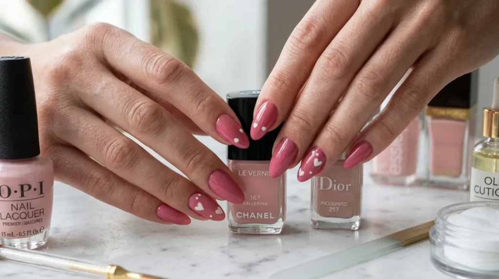 How to create Valentine Nails at home with elegant blush pink manicure.