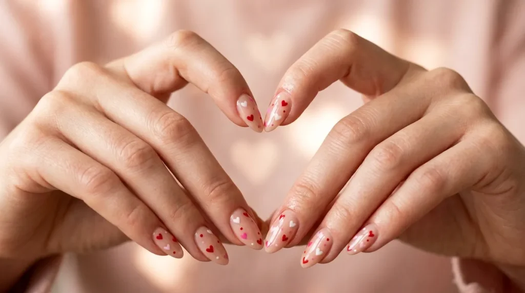 Heart Nail Art Designs on elegant feminine hands with glossy Valentine Nails.