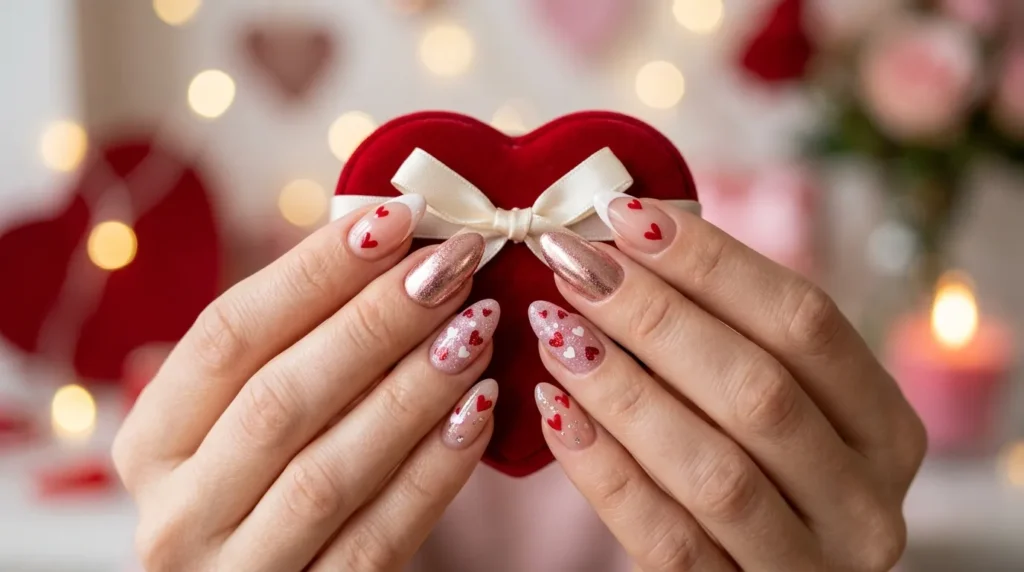 Mixed Valentine Manicure Ideas on elegant feminine hands.