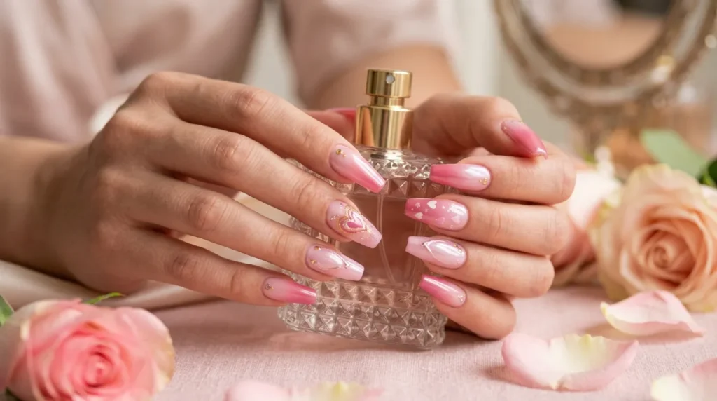 Coffin Valentine's Day Nail Art on elegant feminine hands.