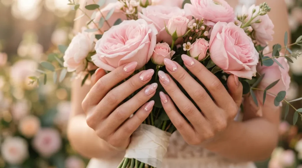 Glossy Valentine Nails on feminine hands holding soft pink roses.