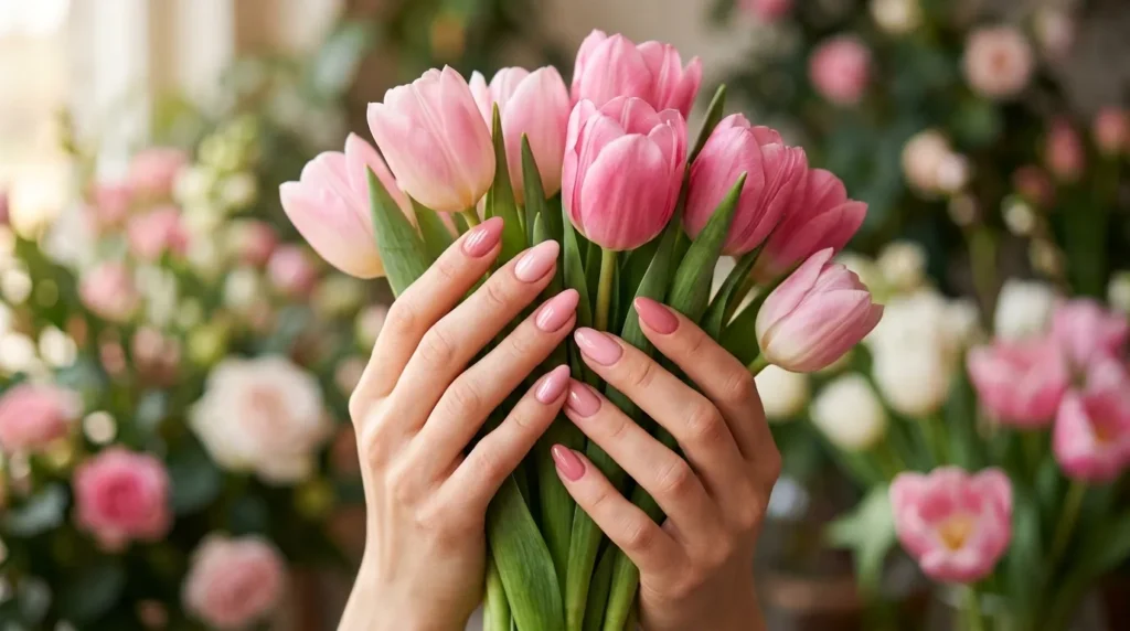Pink Romantic Manicures on feminine hands holding fresh pink tulips.