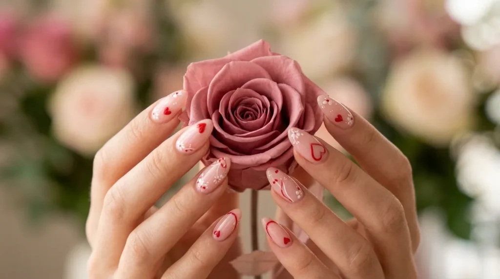 Classic romantic manicure with elegant heart inspired nail art