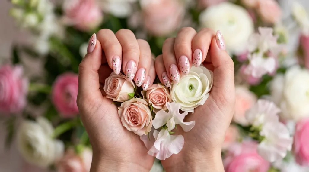 Floral Inspired Romantic Nails on feminine hands with elegant flower nail art.