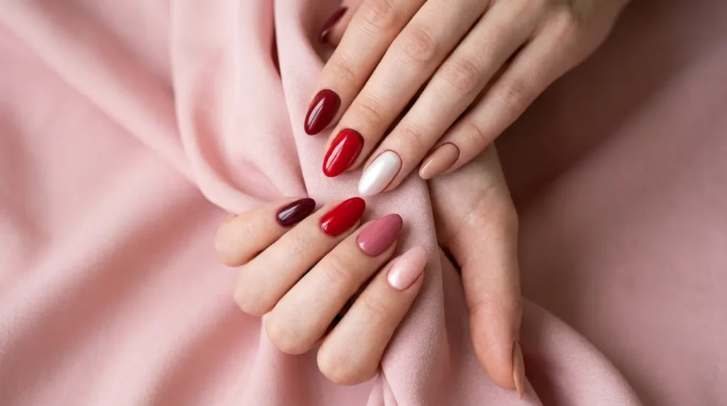 Romantic manicure featuring blush pink, red, nude, and burgundy shades