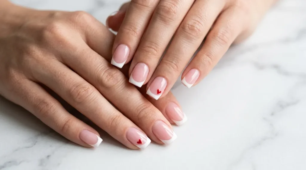 Square Valentine Nails on feminine hands with French tip nail art.