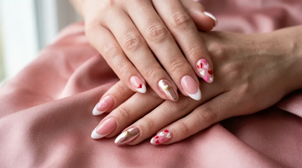 Elegant romantic manicure with heart nail art inspiration