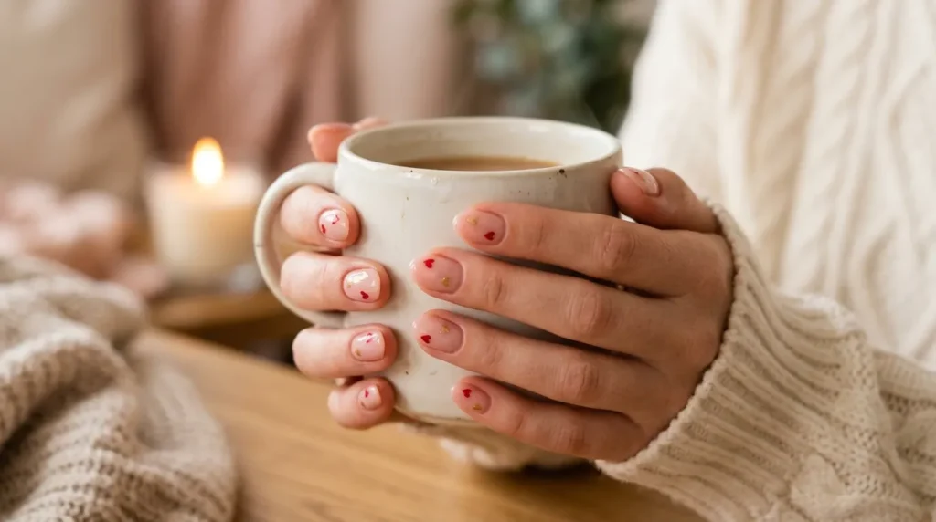 Rounded Valentine Nails on feminine hands with glossy romantic manicure.