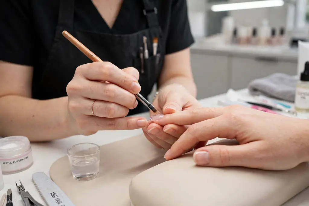 Nail technician applying acrylic nails with a brush in a salon