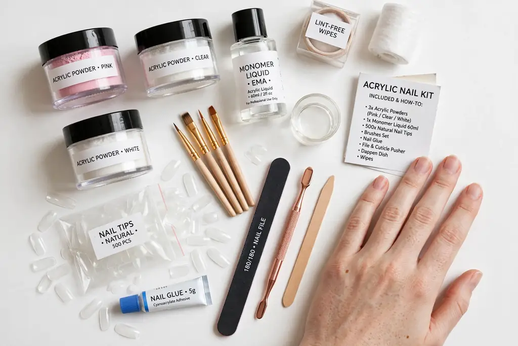 Flat-lay of a manicure kit with powder jars, monomer, brushes and tips