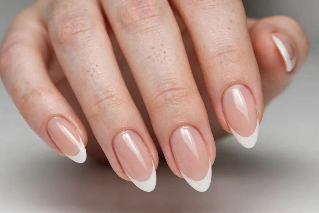 Elegant French tip acrylic nails in almond shape