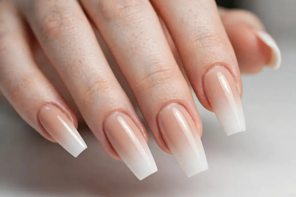 Ombre coffin-shaped acrylic nails fading from nude to white