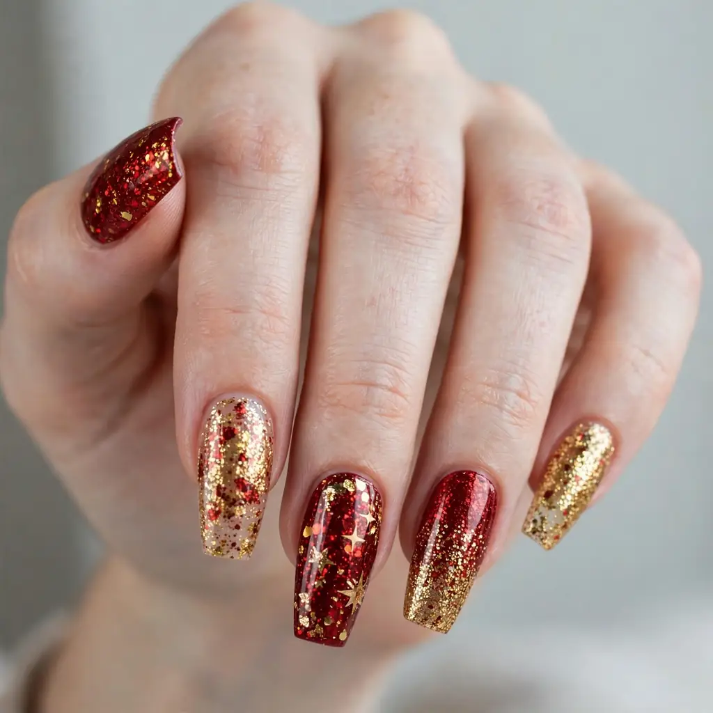 Festive red and gold glitter manicure for the holidays
