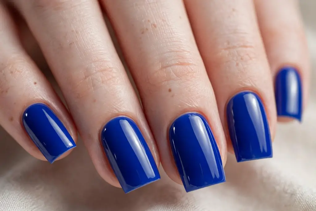 Bold cobalt blue square-shaped acrylic nails with high-gloss finish