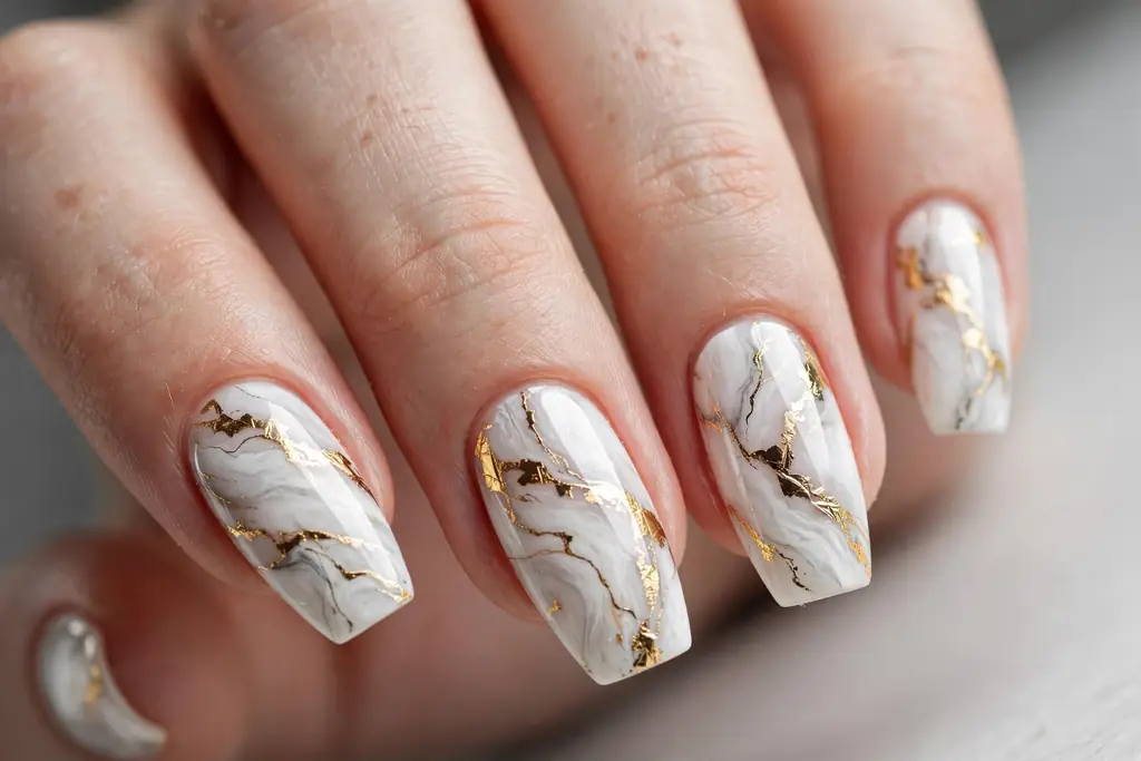 White marble-effect manicure with gold foil veining