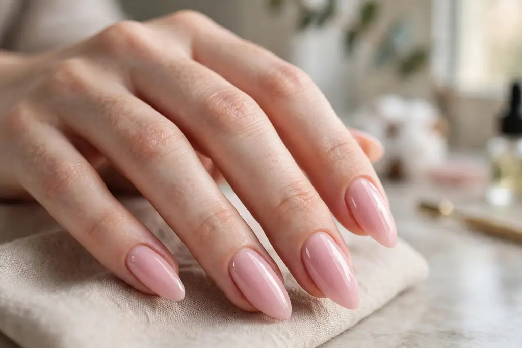 Elegant almond-shaped baby pink nails with a glossy finish