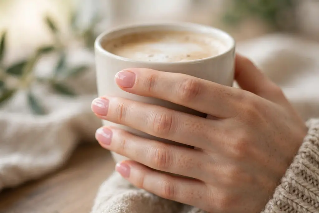 Short oval fingertips in sheer jelly polish holding a coffee cup