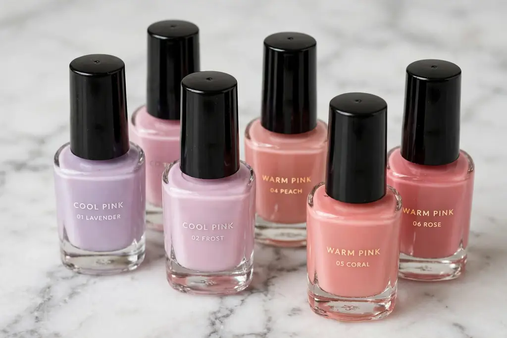 Pastel polish bottles in cool and warm shades on marble