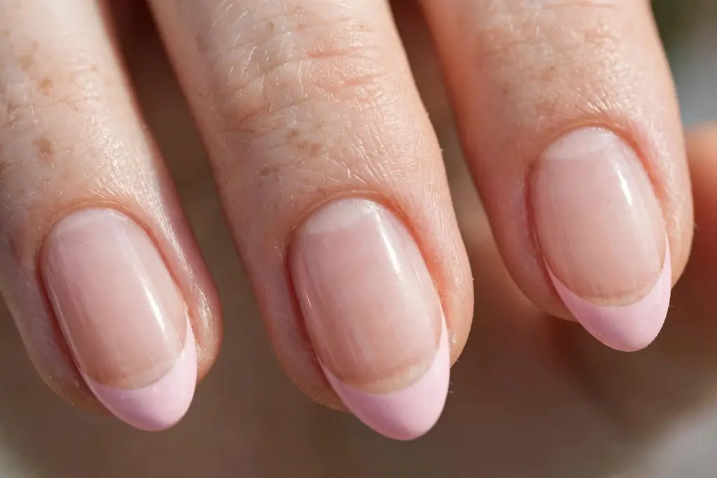 Close-up of a baby pink French tip manicure on almond nails