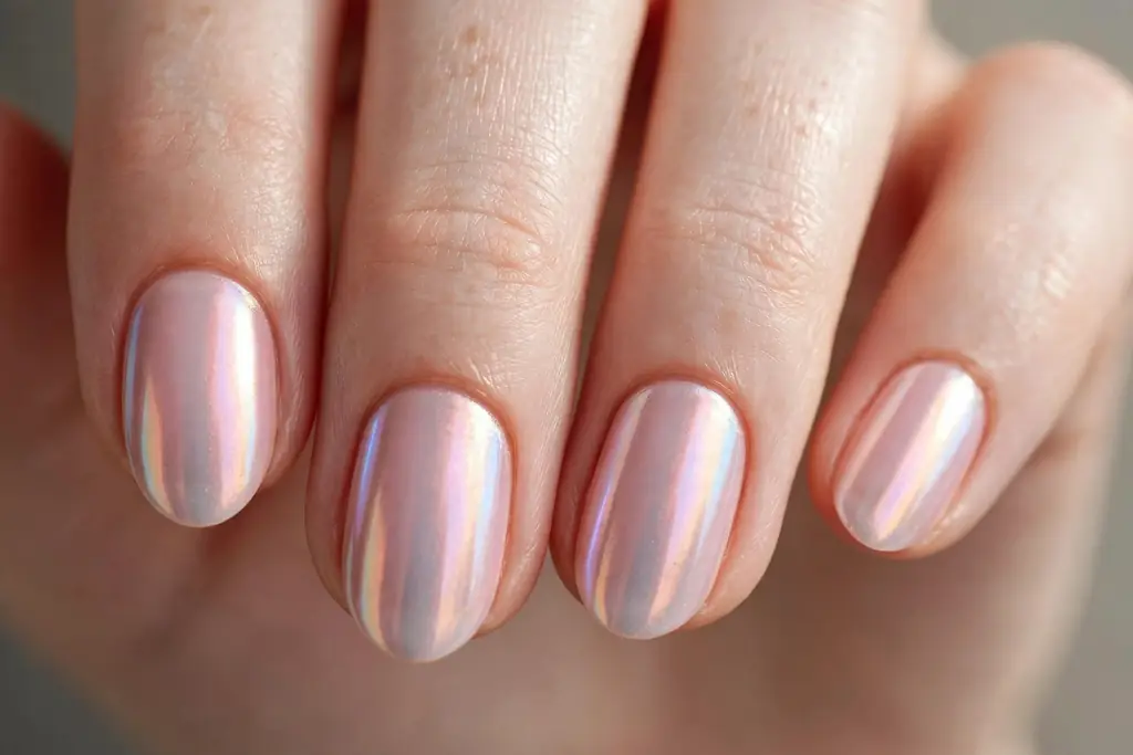 Glazed chrome baby pink nails with a pearly iridescent finish