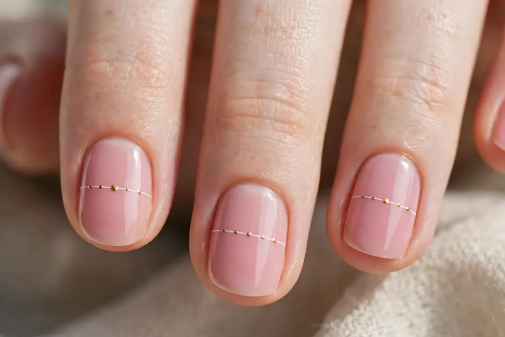 Minimalist manicure with a thin white line and gold dots