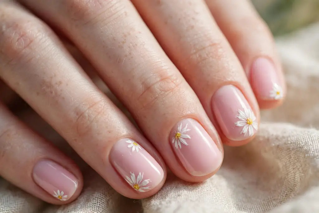 Baby pink nails with hand-painted white daisy flower accents