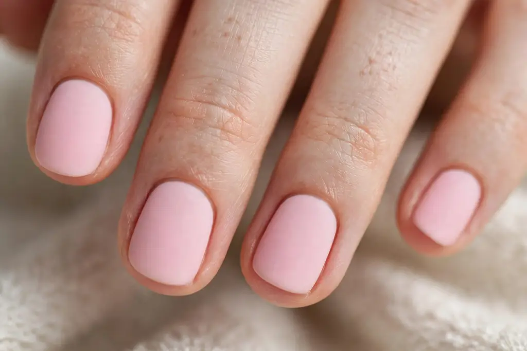 Short rounded fingertips in matte pastel polish
