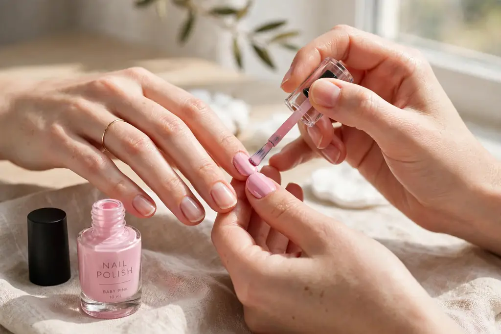 Applying pastel polish during a DIY manicure at home