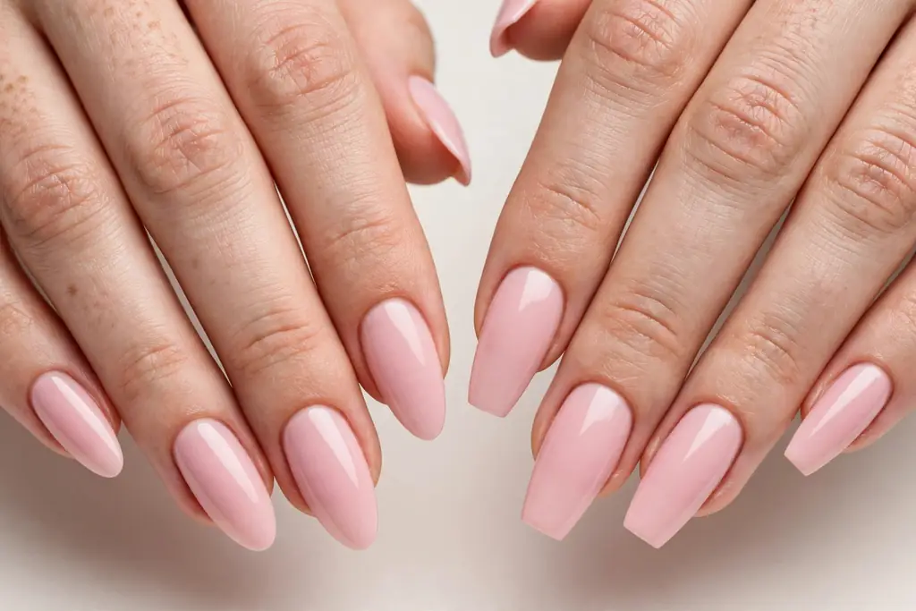 Almond and coffin shapes compared in pastel polish