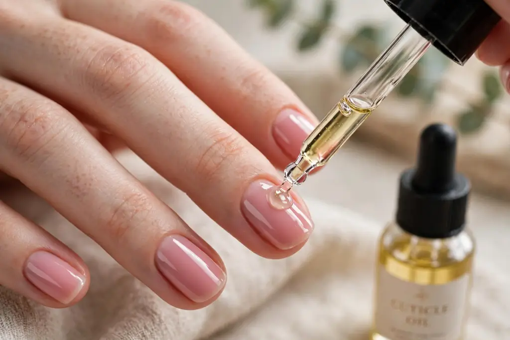 Applying cuticle oil to glossy fingertips as part of hand care