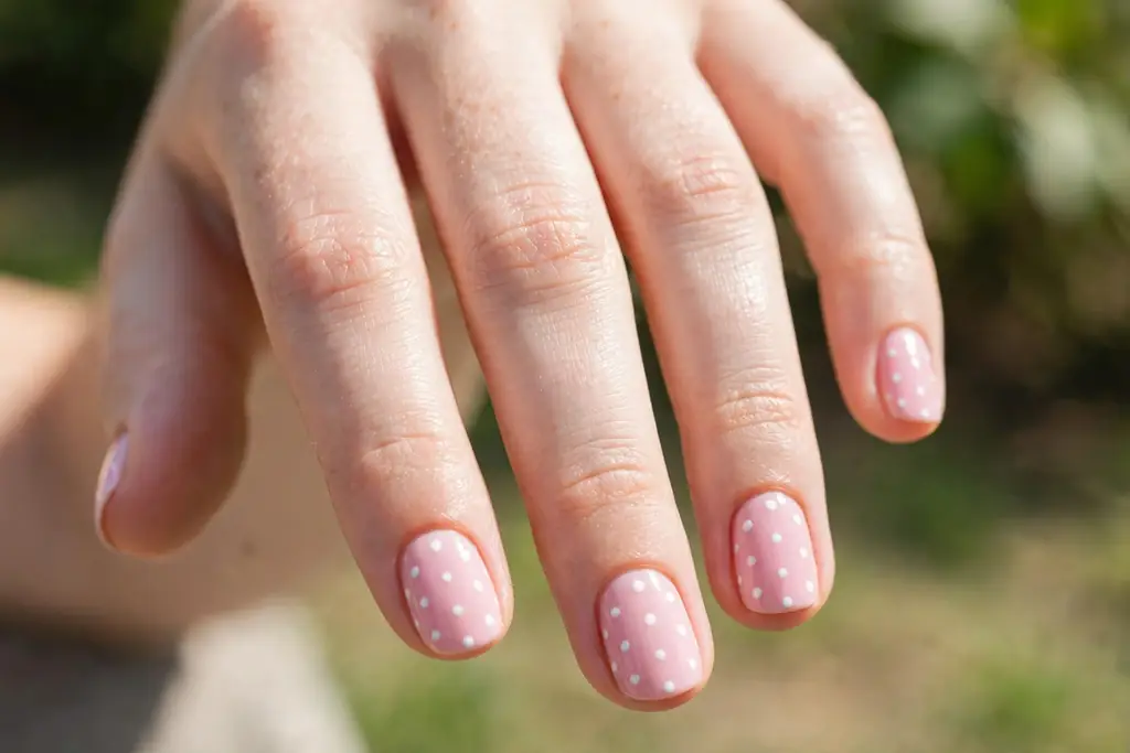 Beginner nail art: soft pink nails with neat white polka dots