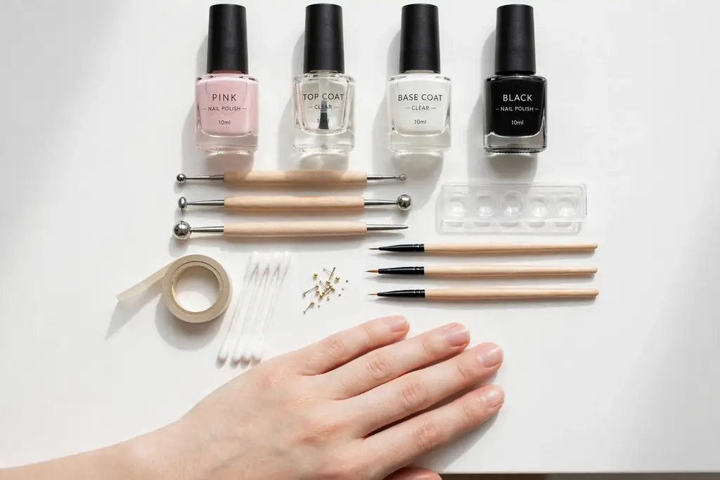 Flat-lay of essential beginner nail art toolkit with polishes, dotting tools, and brushes