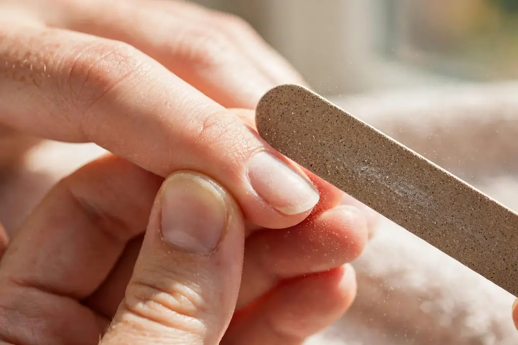 Close-up of filing a fingertip with an emery board during prep