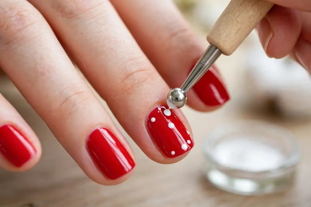 Dotting tool creating white dots on a red nail, an easy beginner nail art technique