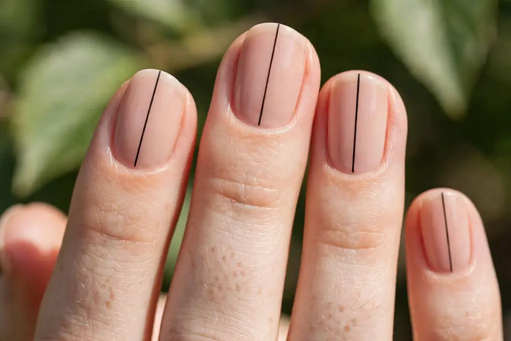 Nude nails with thin black vertical stripe line art