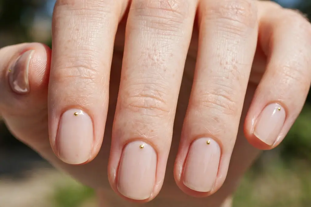 Minimalist nude manicure with a single tiny gold dot accent near each cuticle