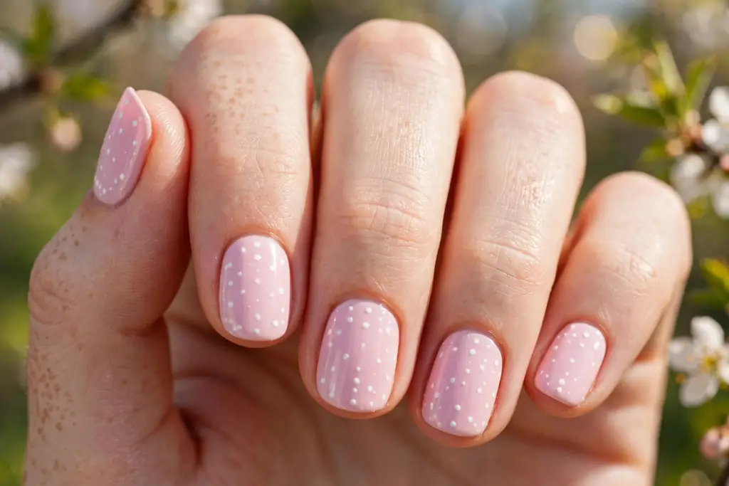 Pastel pink manicure with scattered white dots for spring