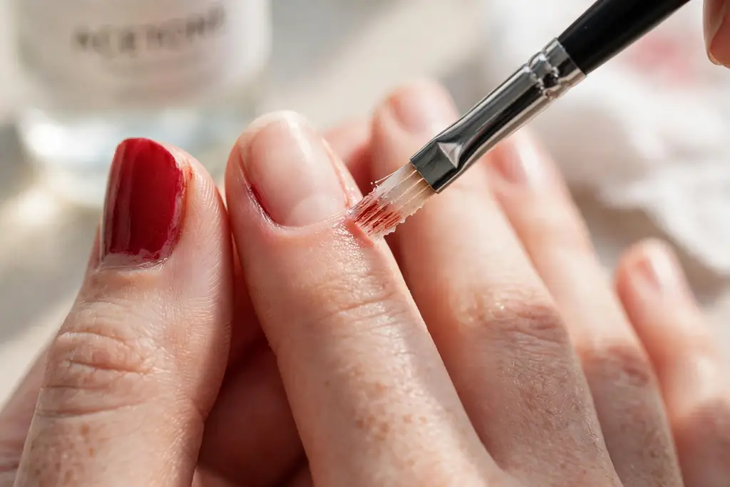 Cleanup brush with acetone fixing smudged red polish around a cuticle