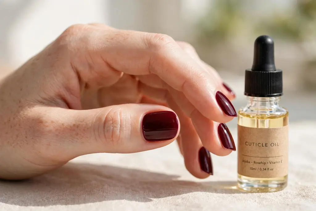 Glossy deep burgundy manicure with a bottle of cuticle oil beside the hand