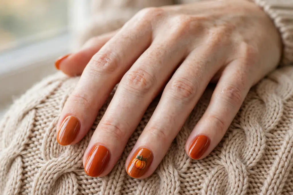 Pumpkin spice fall nail designs in burnt orange shades